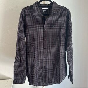 RVCA Black Slim Fit Grid Print Long Sleeve Button up Collared Shirt, L